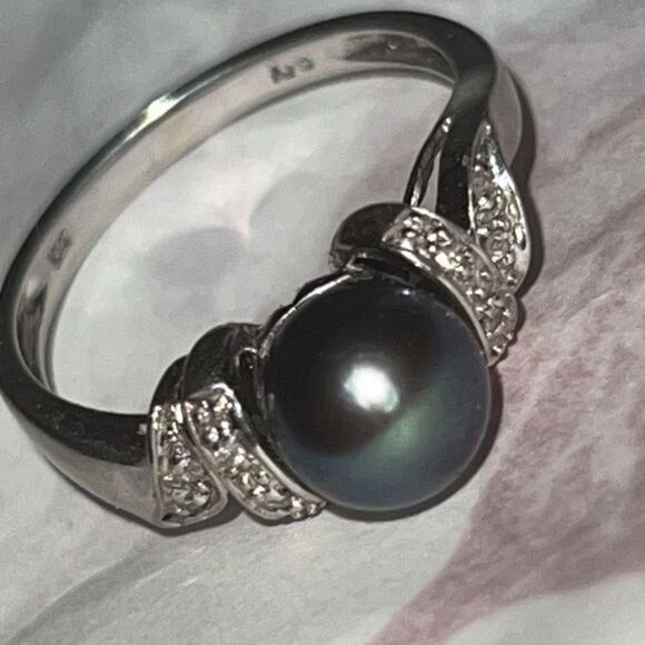10k White Gold 9mm Grey Tahitian Pearl and Diamond Ring - Picture 12 of 15